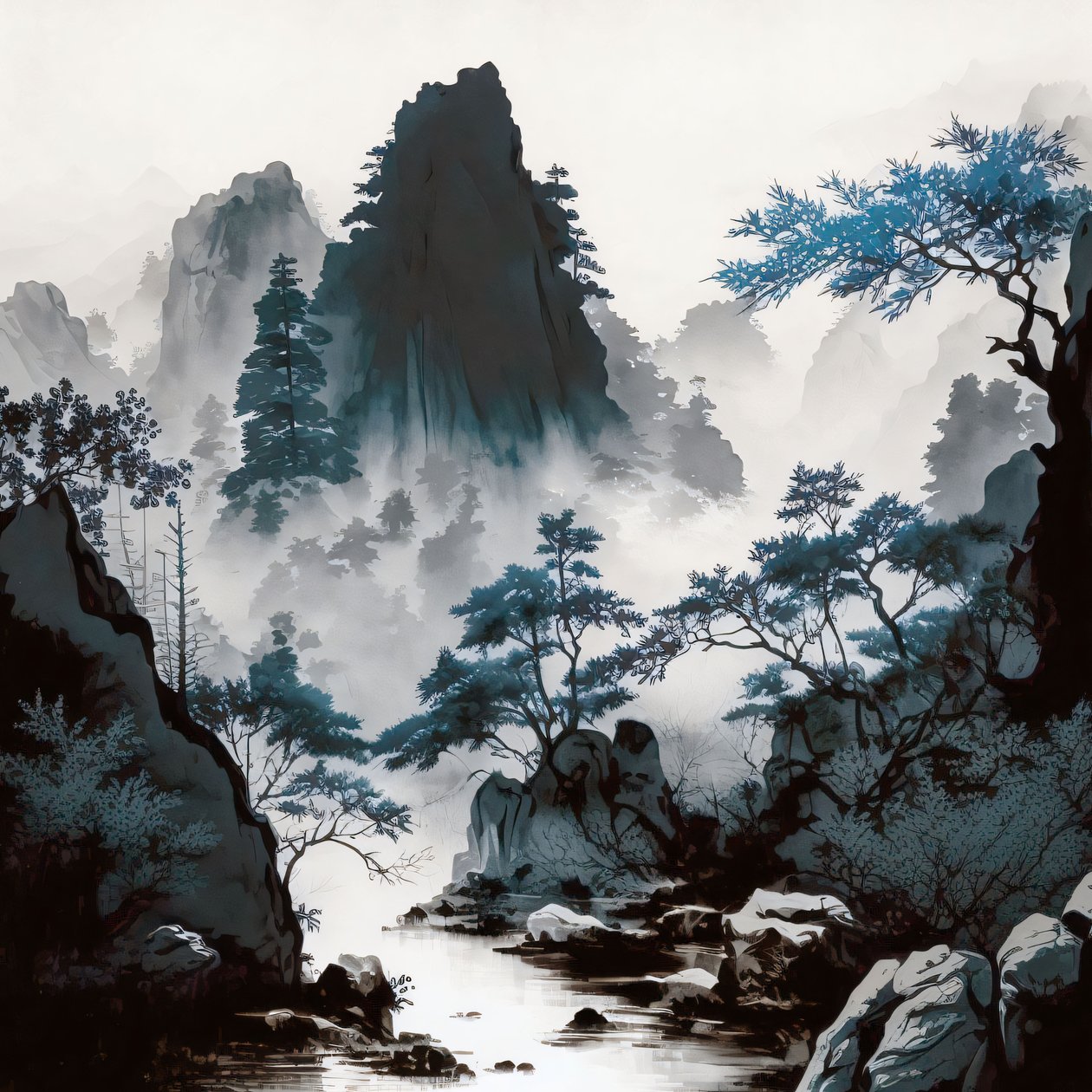 Cyanotyp Mountain River Mist i Shan Shui-stil, inramade väggdekorationer av F. Abderrahim