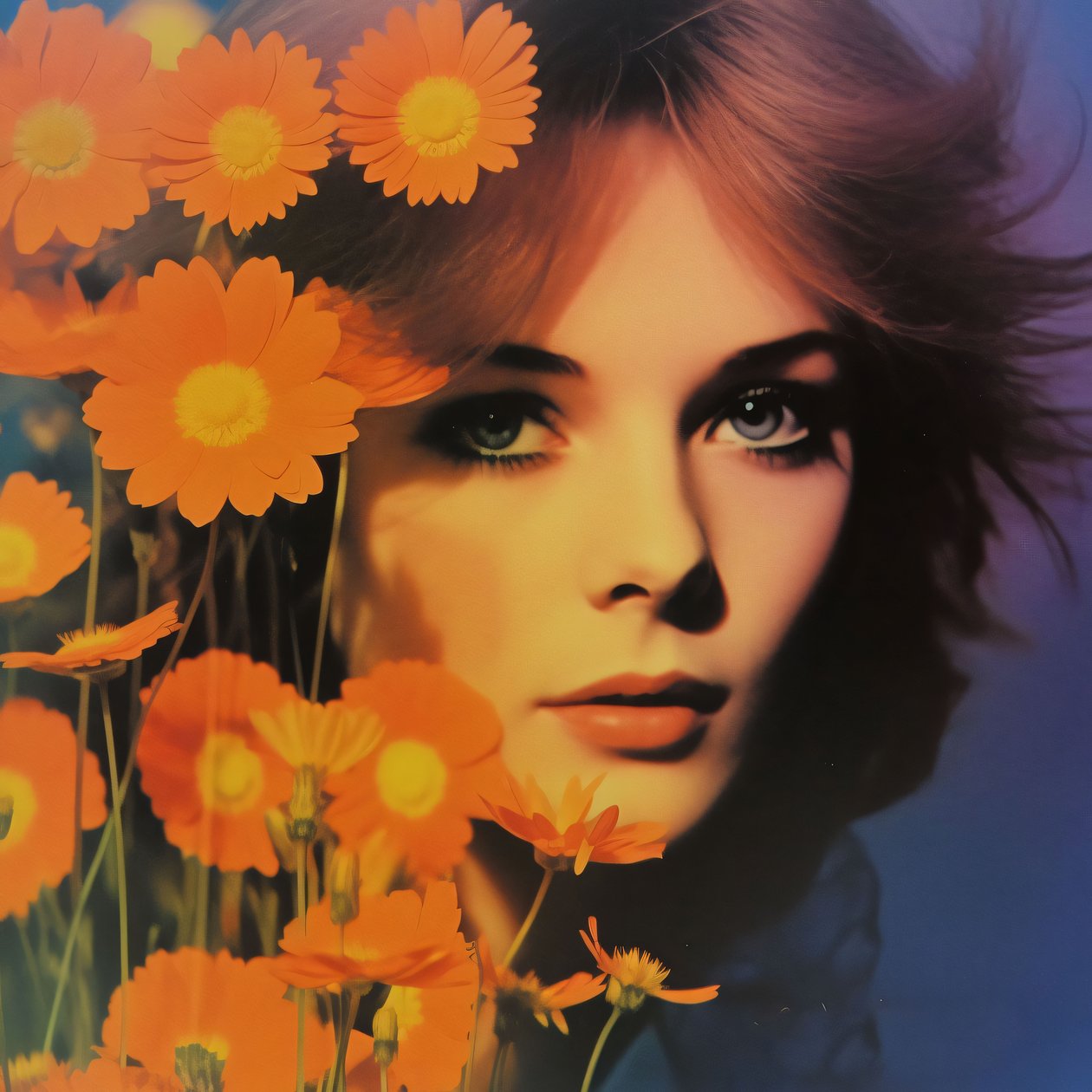 vintage kvinnoporträtt  blommor, A Retro Floral Vision, konsttryck online av F. Abderrahim