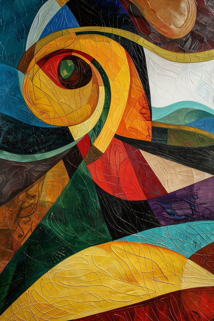 Abstrakt färgglatt glasmosaikmönster, Picasso-inspiration, väggdekoration för sovrum av F. Abderrahim