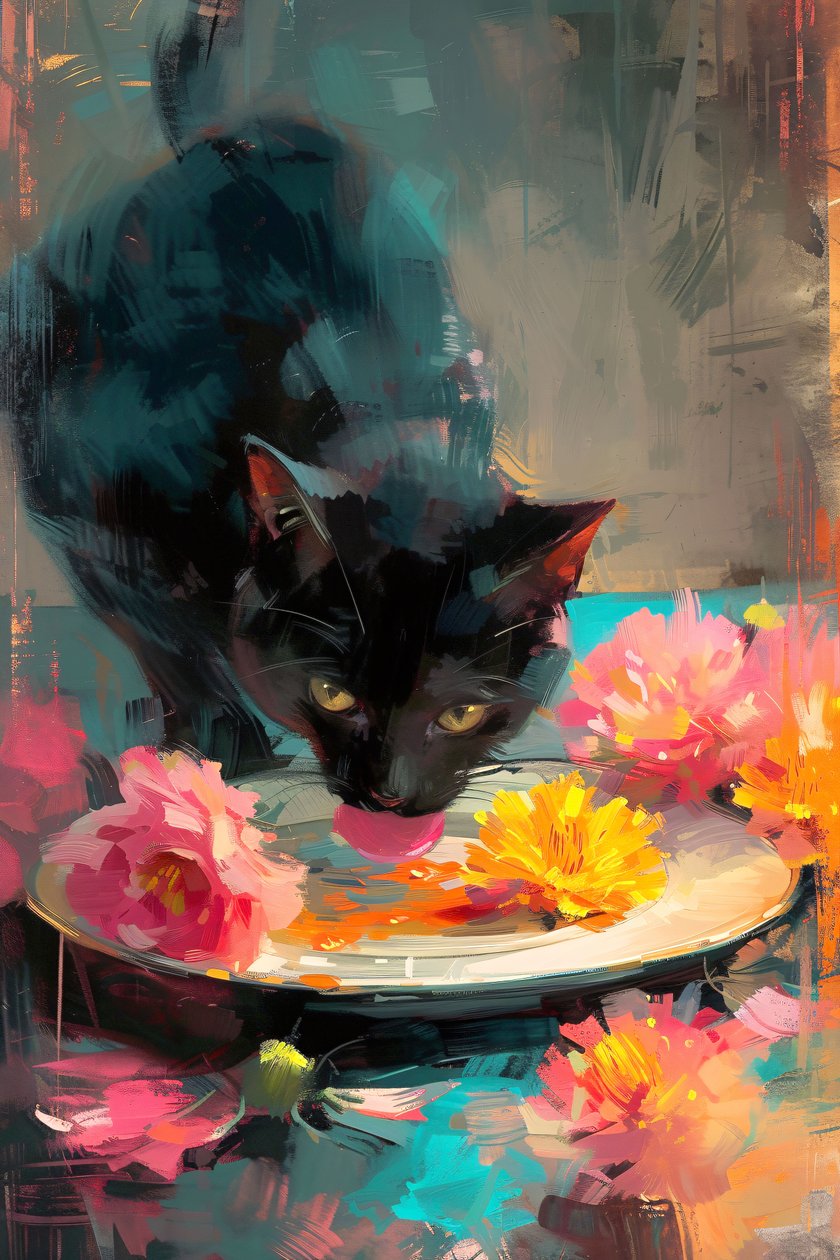 Svart katt äter på en tallrik med blommor, impressionistisk målning, konsttryck online av F. Abderrahim