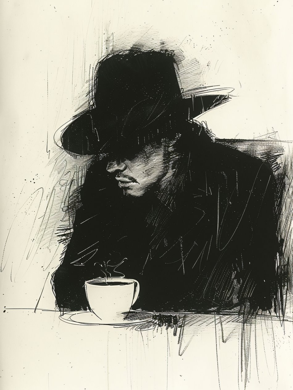 Svart minimalistisk skiss av en man som dricker kaffe, väggdekoration | print on demand av F. Abderrahim