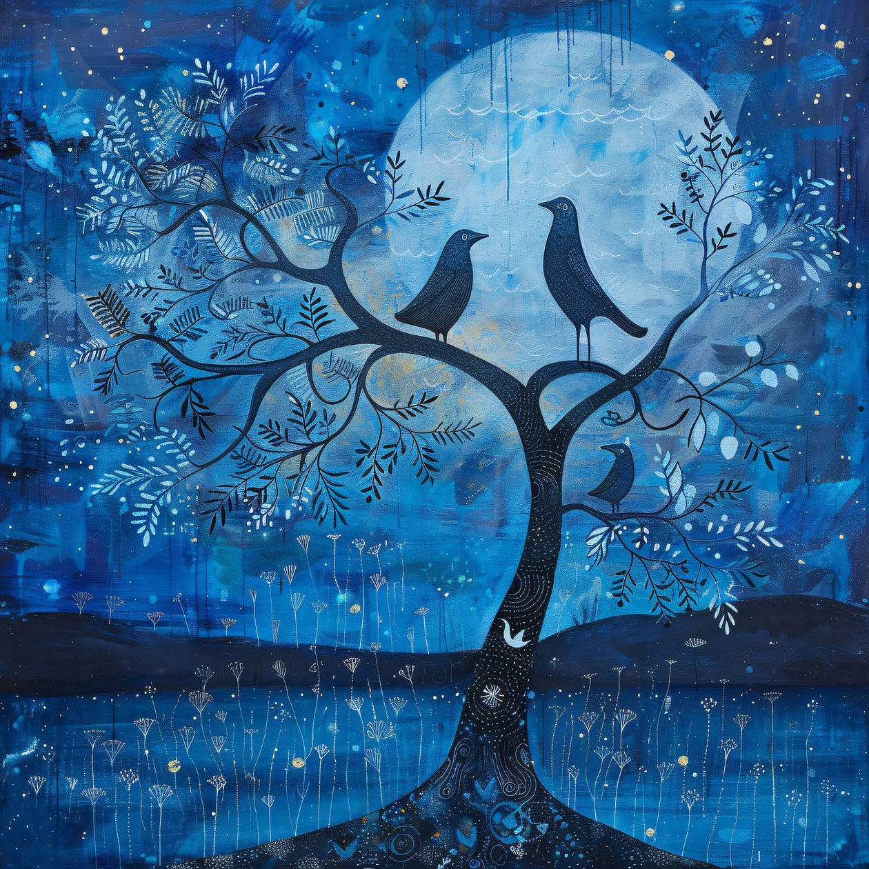 Blue Moon  bird, Starry Night Magic, Modern väggdekoration | print on demand av F. Abderrahim