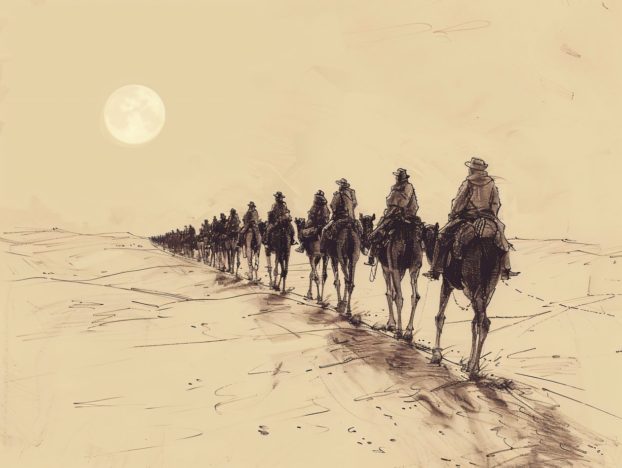 Desert Sun Procession Minimalistisk enradig skiss, Väggdekor till salu av F. Abderrahim