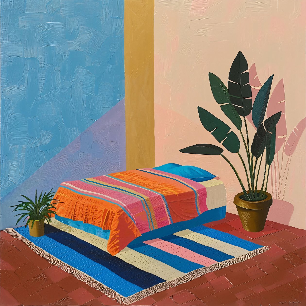 Minimalistisk mexikansk säng i David Hockney-stil, väggkonsttryck på begäran av F. Abderrahim