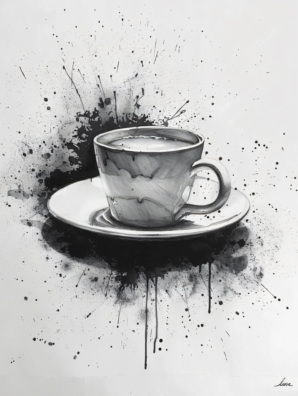 Minimalistisk Noir-scen i en linje med kaffefläckar som ljuspunkter, konsttryck online av F. Abderrahim
