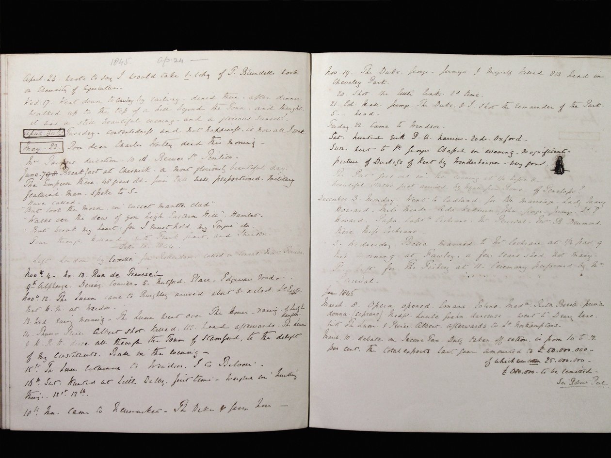 Utdrag ur Marquess of Granbys Diary, 24 april 1845 (bläck på papper) av Charles Manners, 6th Duke of Rutland