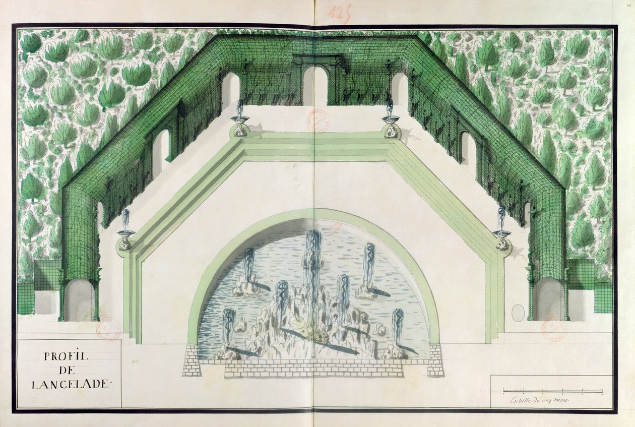 Ms 130740 Design för Bassin de lEncelade i Versailles (wc på papper) av A. and Marsy, G. and B. Le Notre