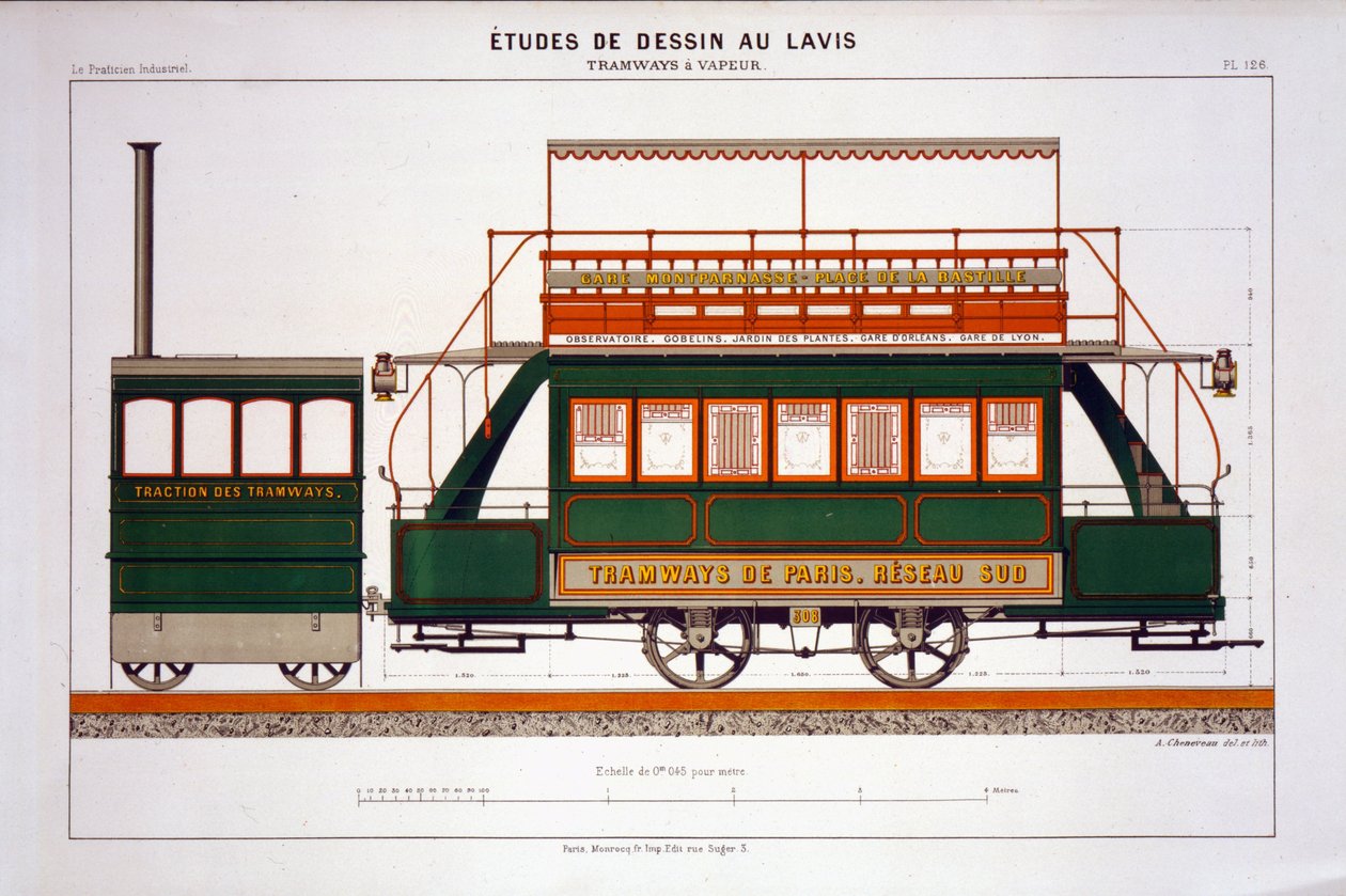 Design för en Steam Tram, skylt 126 från The Industrial Practitioner, graverad av konstnären av A. Cheneveau