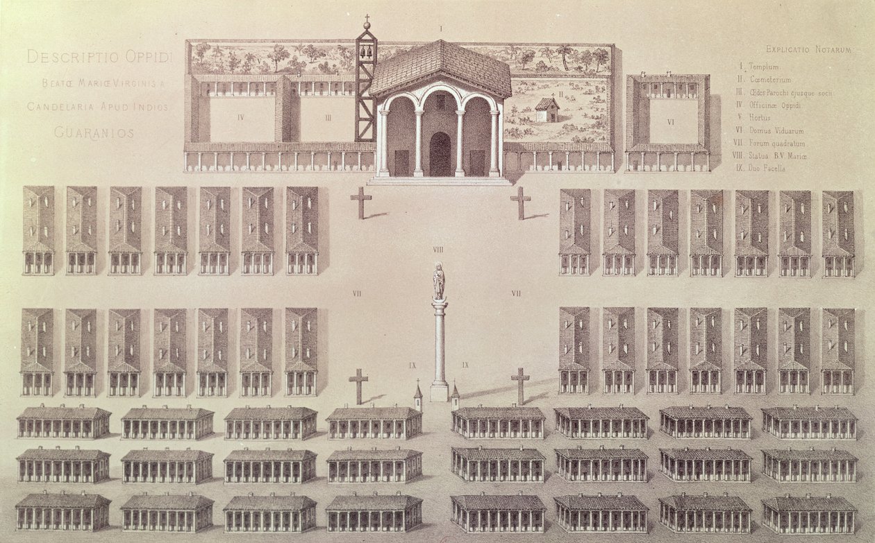 Plan för Candelariamissionen i Paraguay, graverad av Frederic Sorrieu (1807-71) av A. Demersay