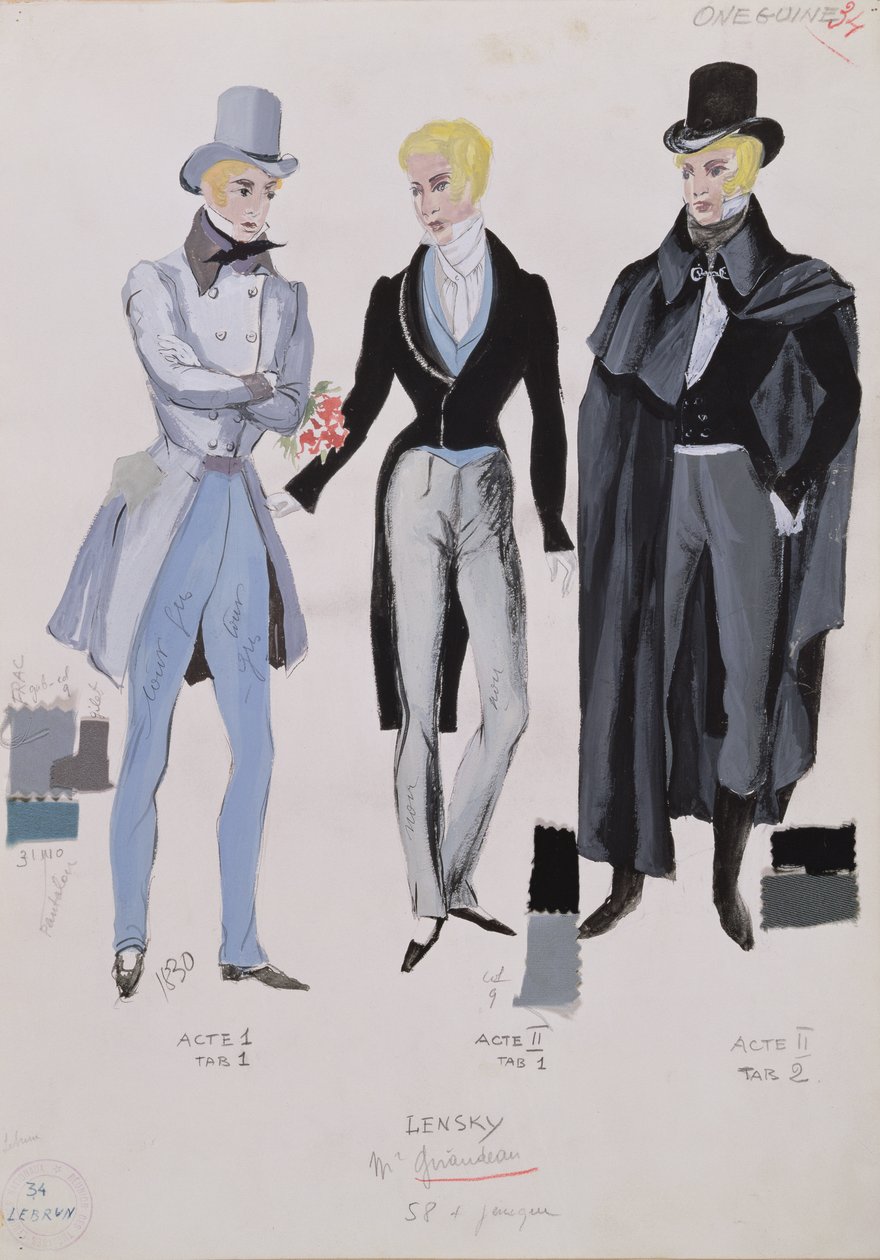 Lensky, kostymer från akter I, II och III i operan "Eugene Onegin", 1830 av A. Lebrun