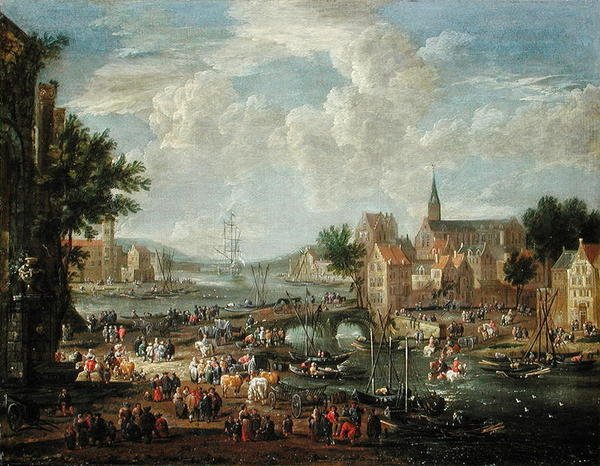 Stadsfolk på flodstranden av A.F. and Bouts, P. Boudewyns