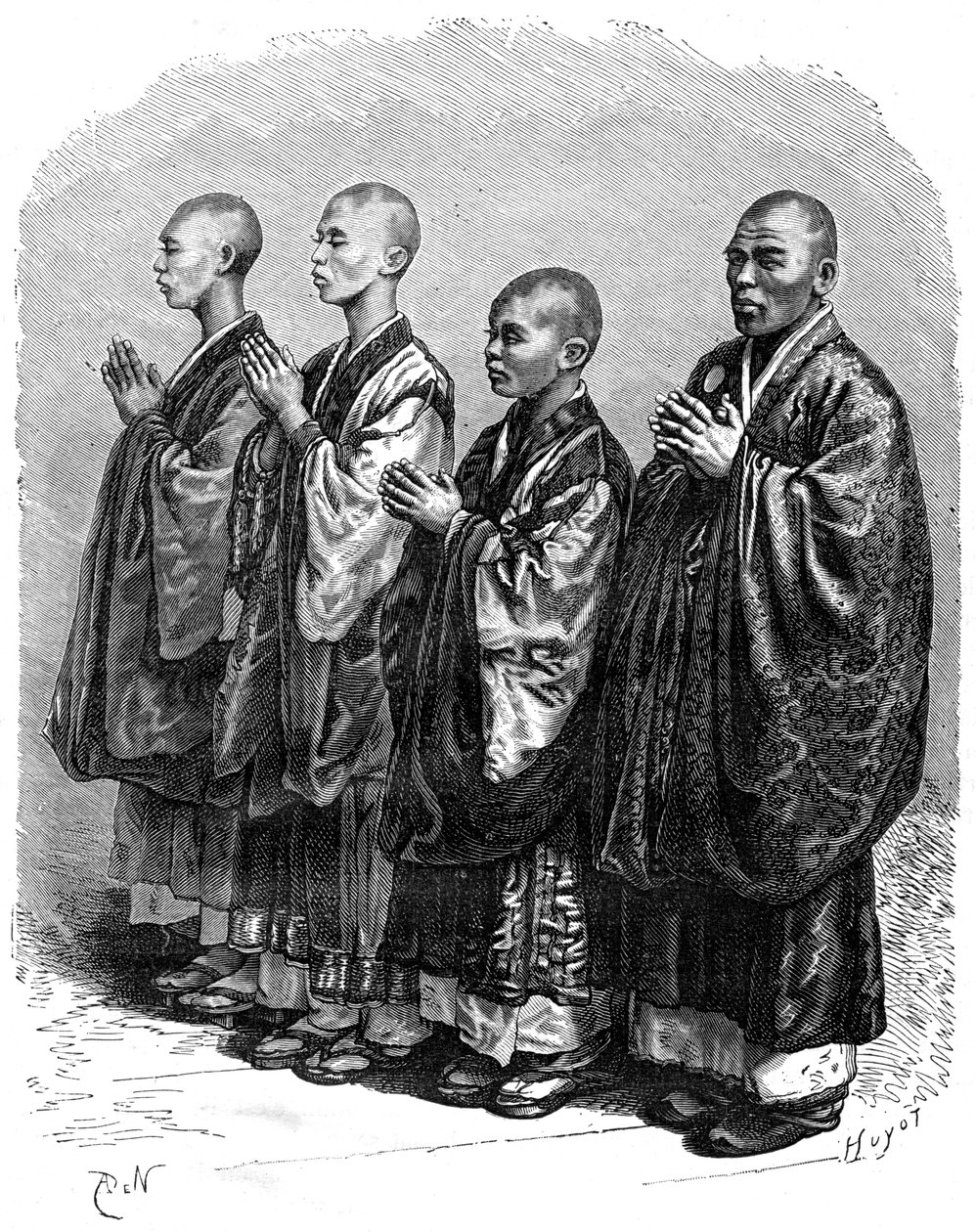 Buddhister i bön, Japan, 1800-talet. av A. de Neuville