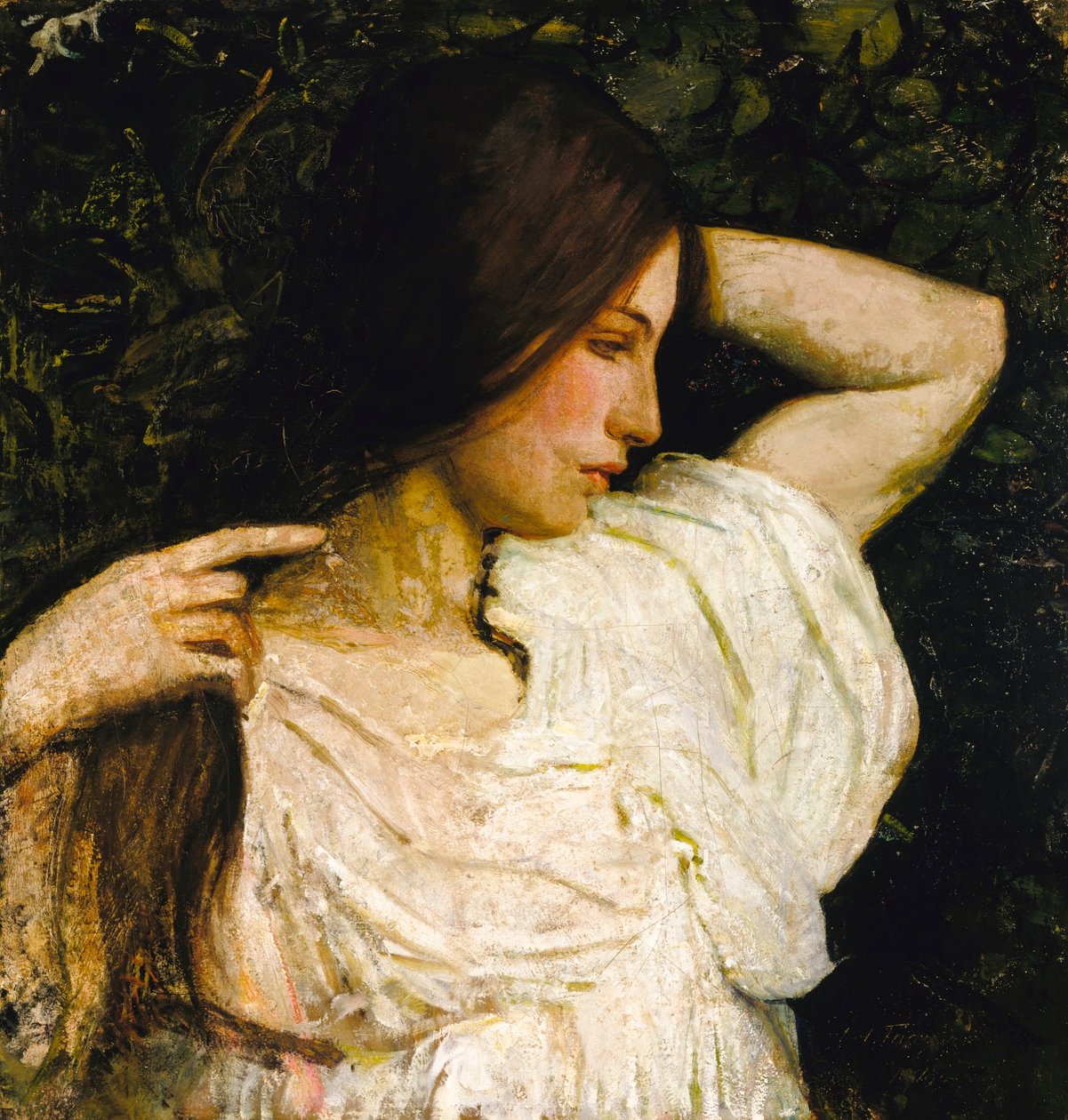 Flicka som ordnar sitt hår av Abbott Handerson Thayer