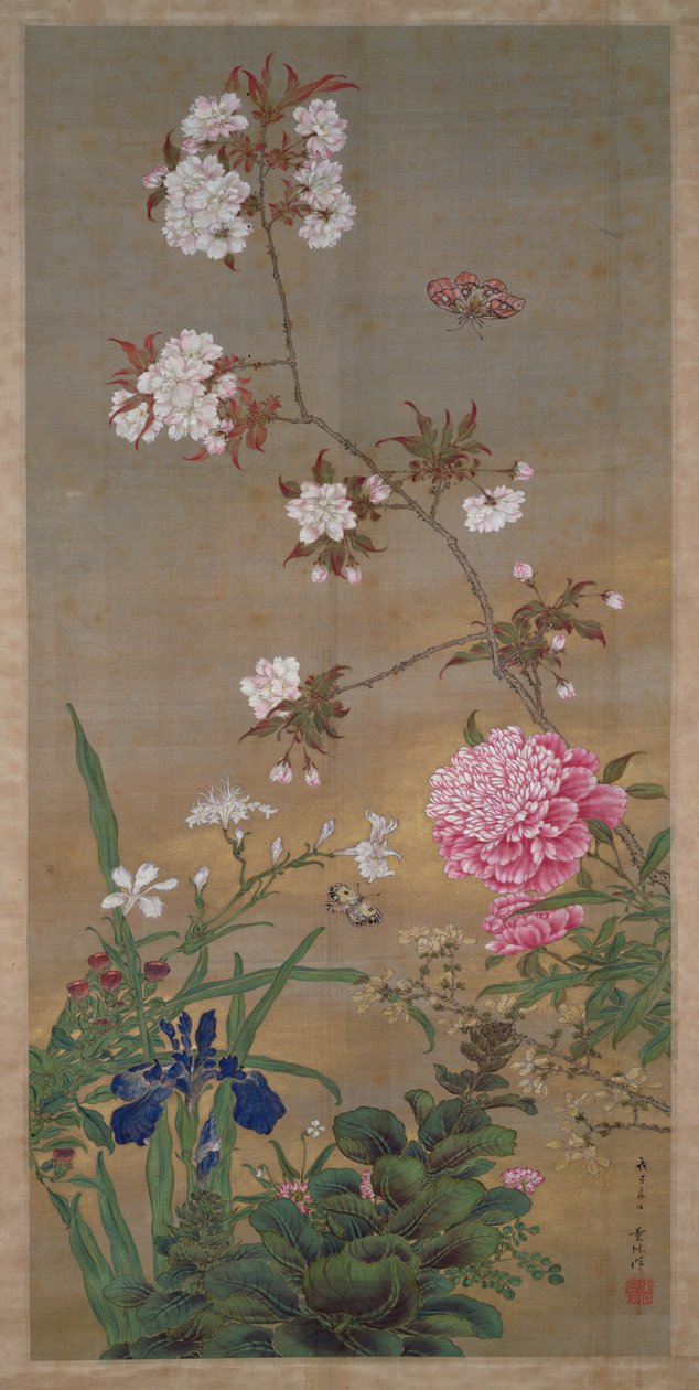 Pion, iris, körsbärsblom och en fjäril, 1828 (bläck, färger och guld på siden) av Abe Kan Torin