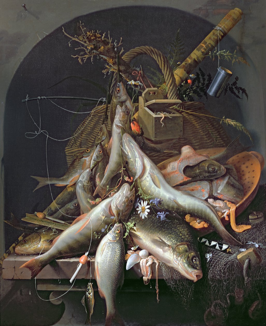 Ett stilleben av fisk och fiskeredskap av Abraham Mignon