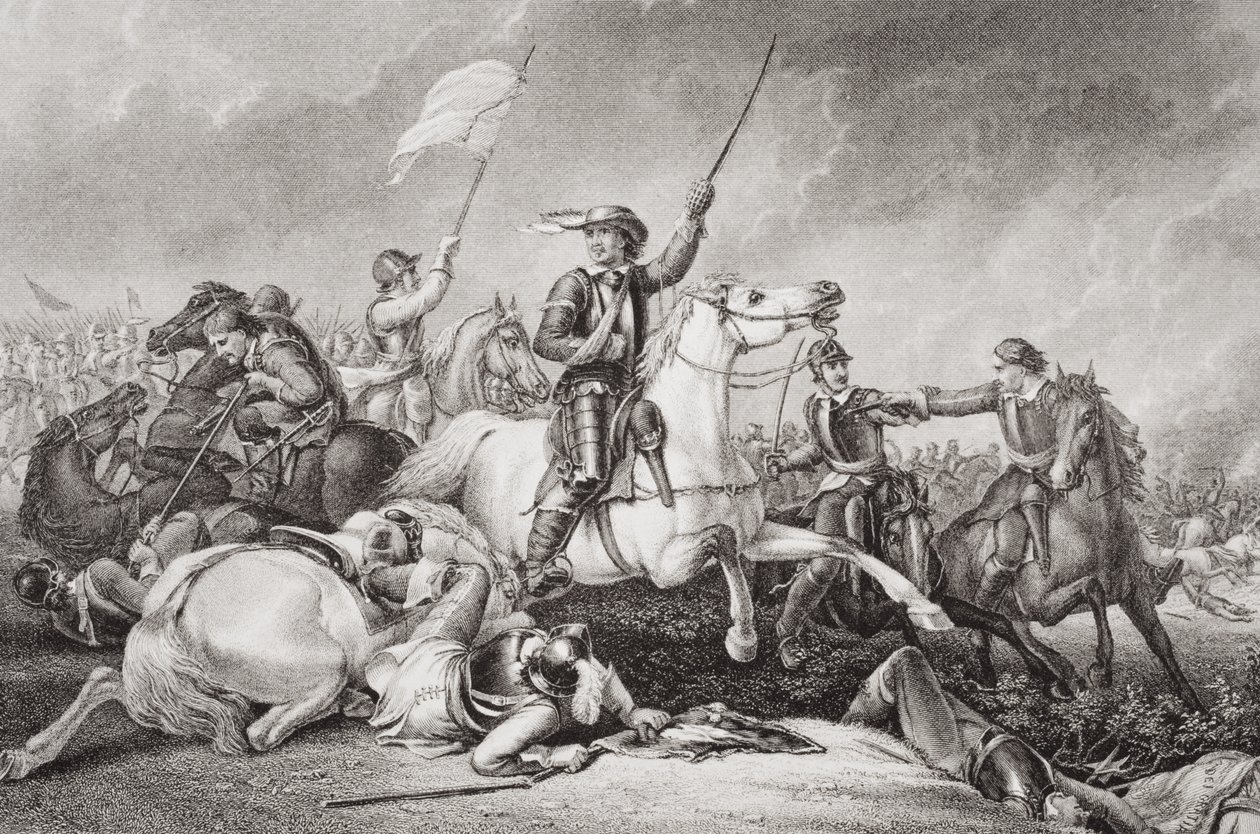Cromwell leder en laddning efter att ha blivit sårad i sin högra arm i slaget vid Marston Moor, 2 juli 1644, från 