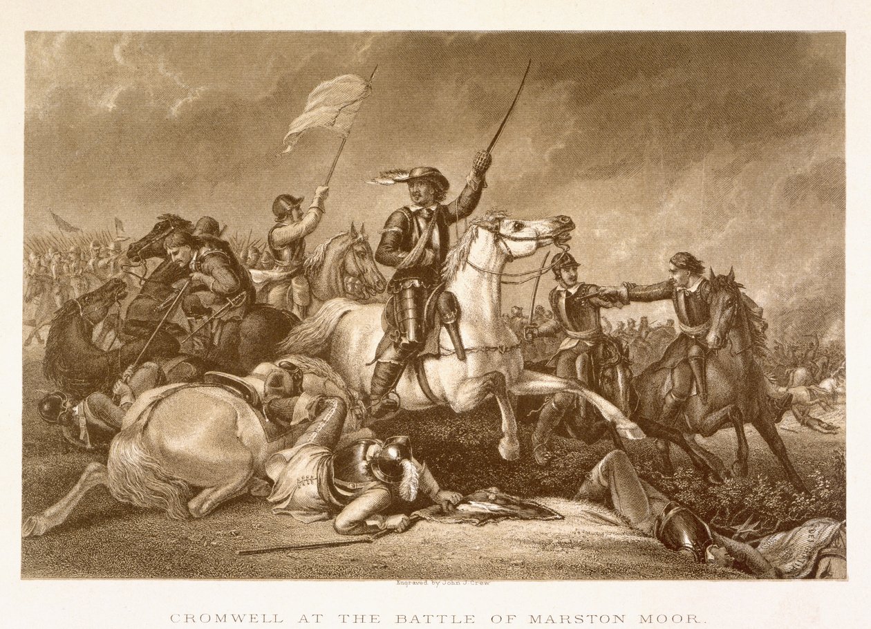 Cromwell leder anfallet efter att ha blivit sårad i sin högra arm i slaget vid Marston Moor, 2 juli 1644, graverad av John Crew av Abraham Cooper