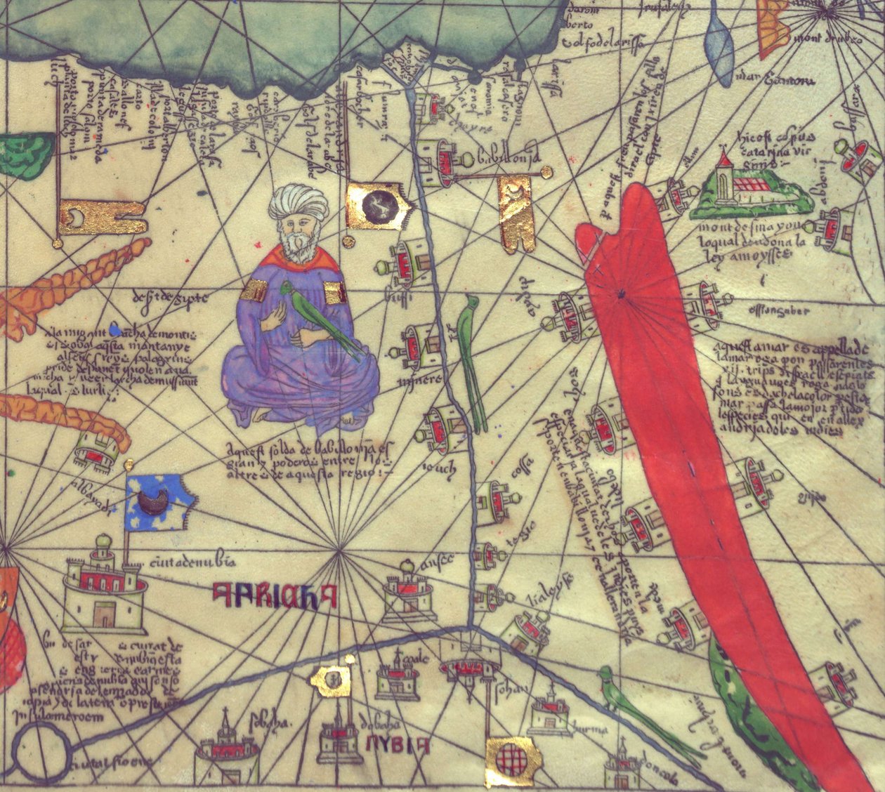 Karta över nordöstra Afrika och sydvästra Levant, utsikt från söder. Katalanska Atlas. av Abraham Cresques