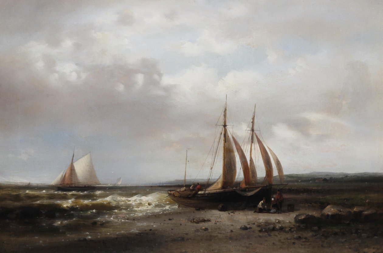 Coastal scene with fisherfolk tending their boat on the shore av Abraham Hulk