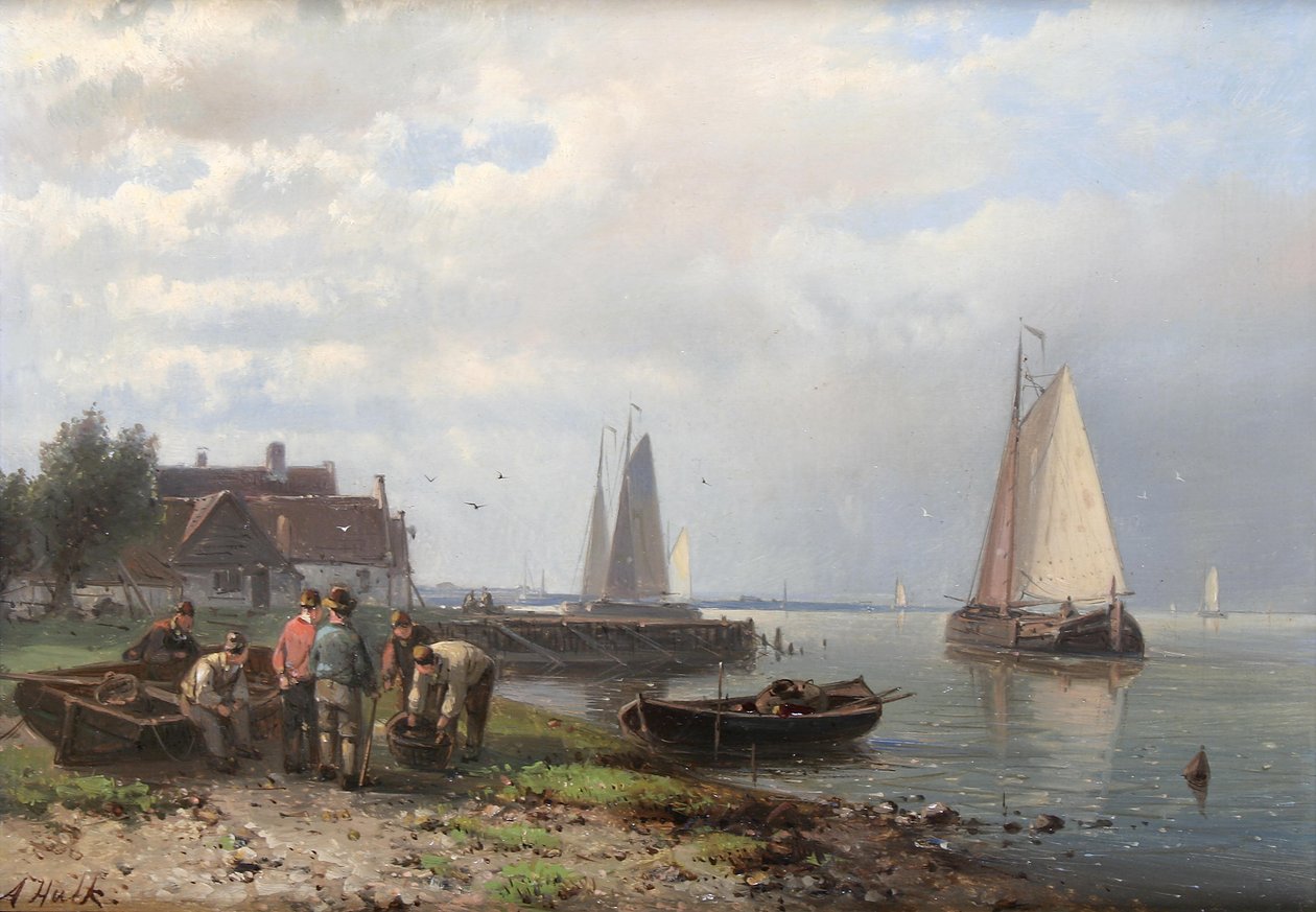 Coastal scene with fishing boats and fishermen on the shore av Abraham Hulk