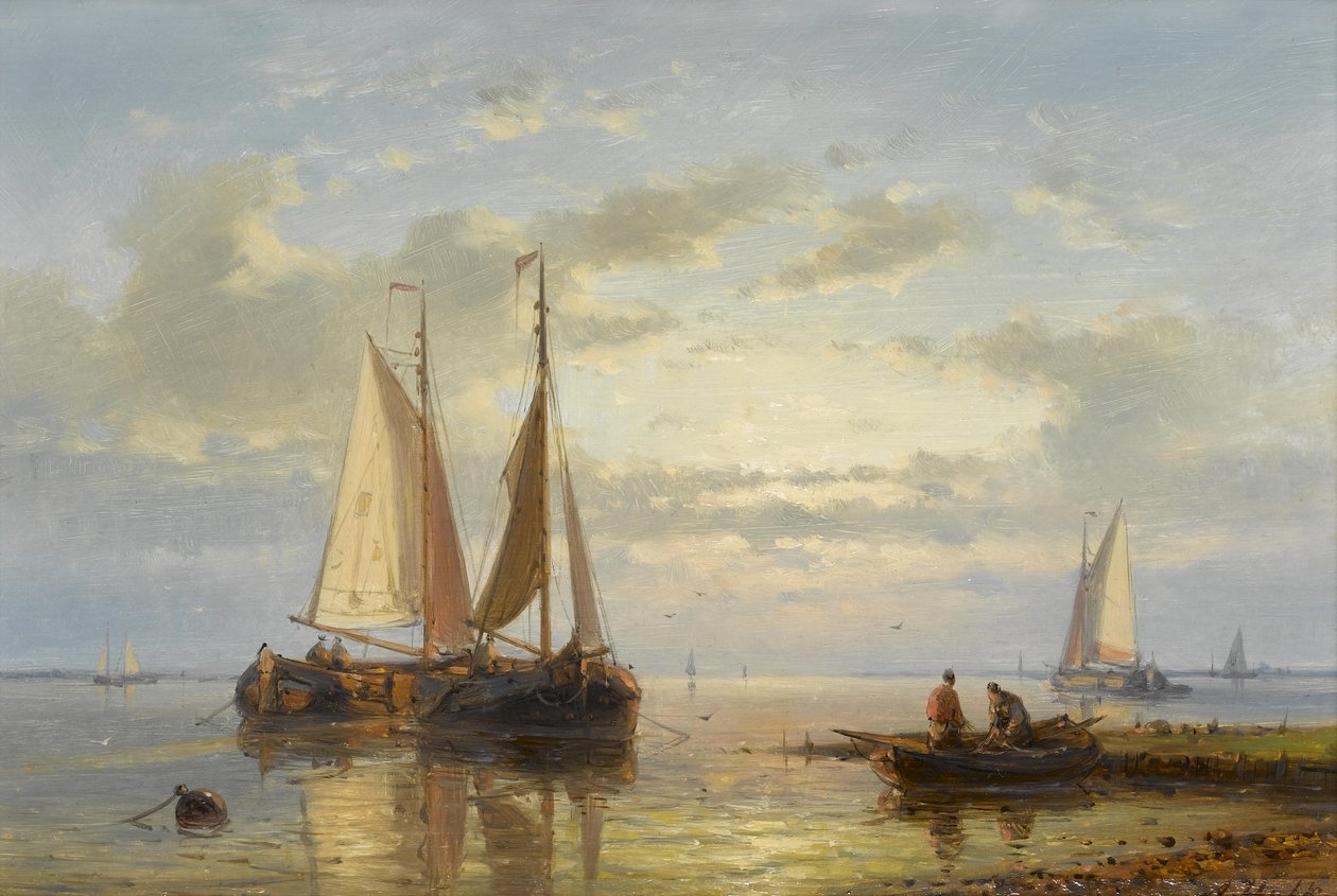 Fishing boats anchored in the shallows at dusk av Abraham Hulk