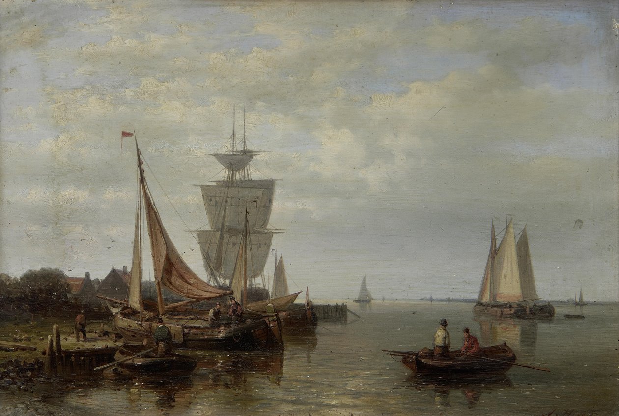 Fishing boats approaching a shore in a calm av Abraham Hulk