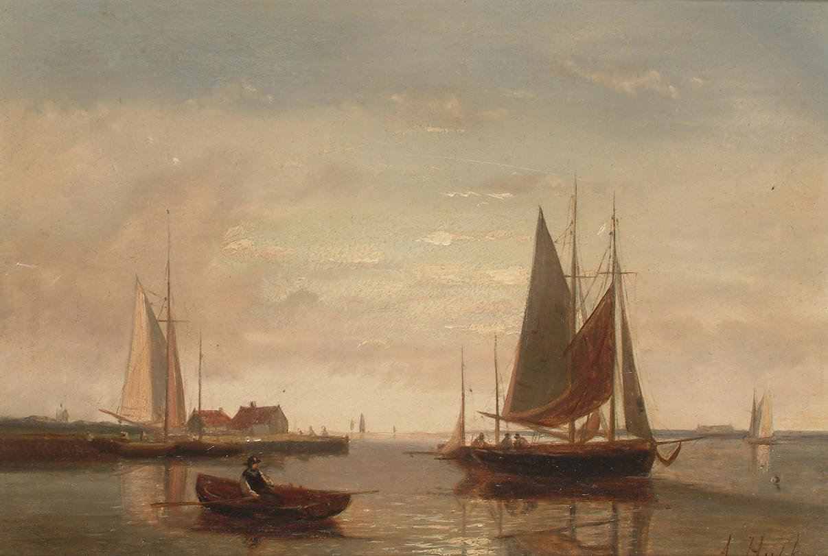 Fishing boats off a jetty  av Abraham Hulk