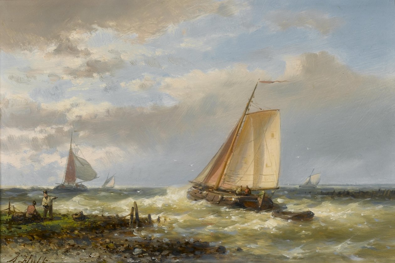 Fishing boats running out of port against the tide av Abraham Hulk