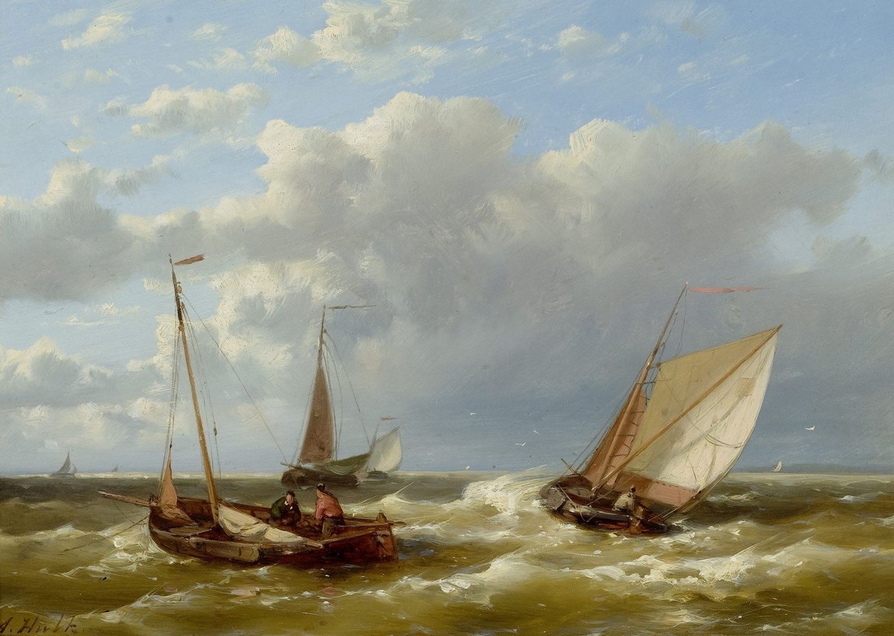Strandgezicht met vissers av Abraham Hulk