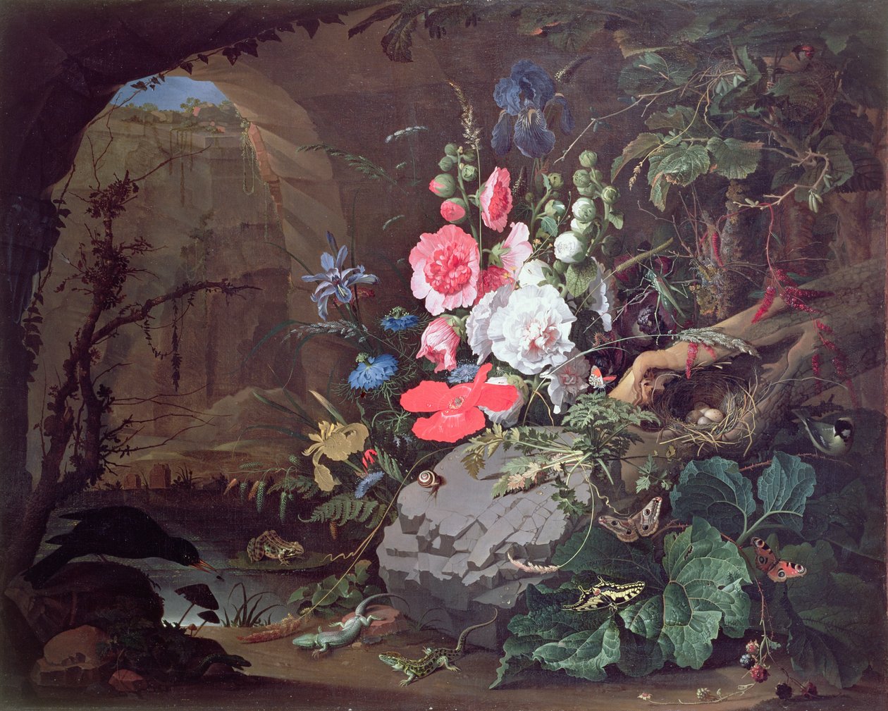 Blommor och fåglar i en grotta av Abraham Mignon