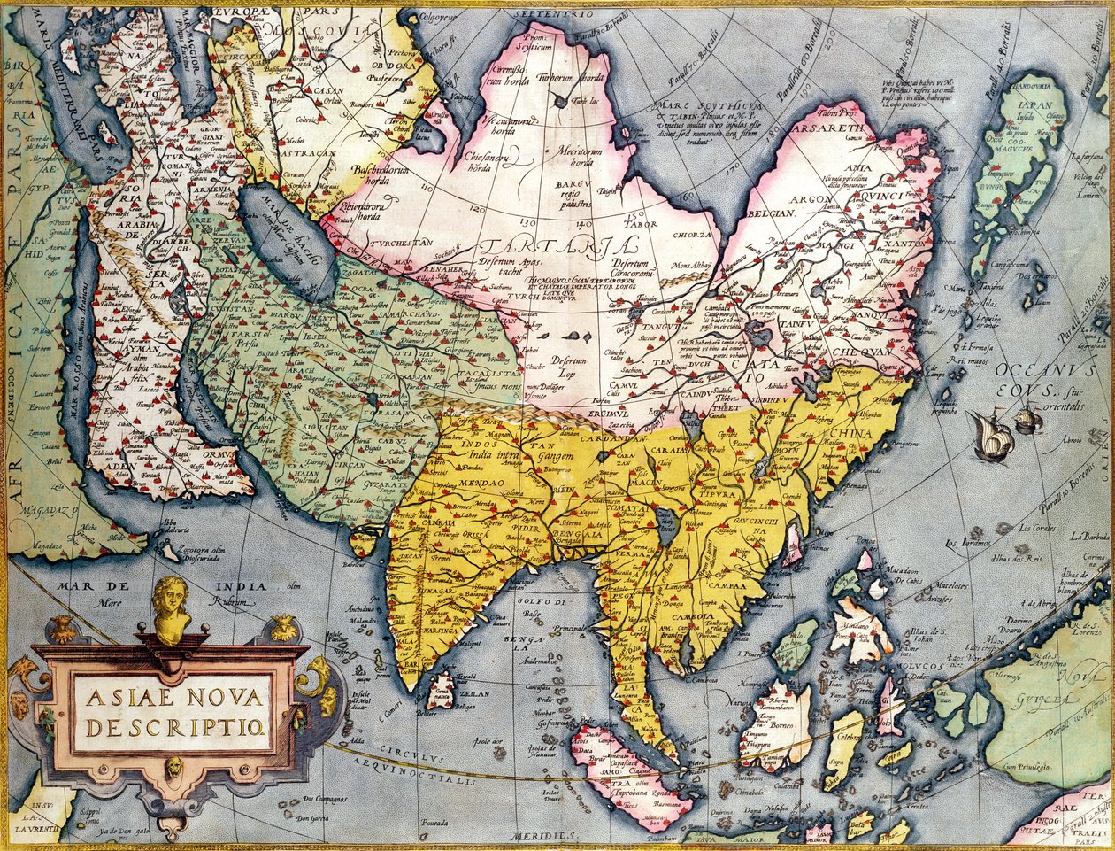 Asien: Karta över kontinenten inklusive Japan och Ostindien med en del av Nya Guinea, ca 1580 av Abraham Ortelius