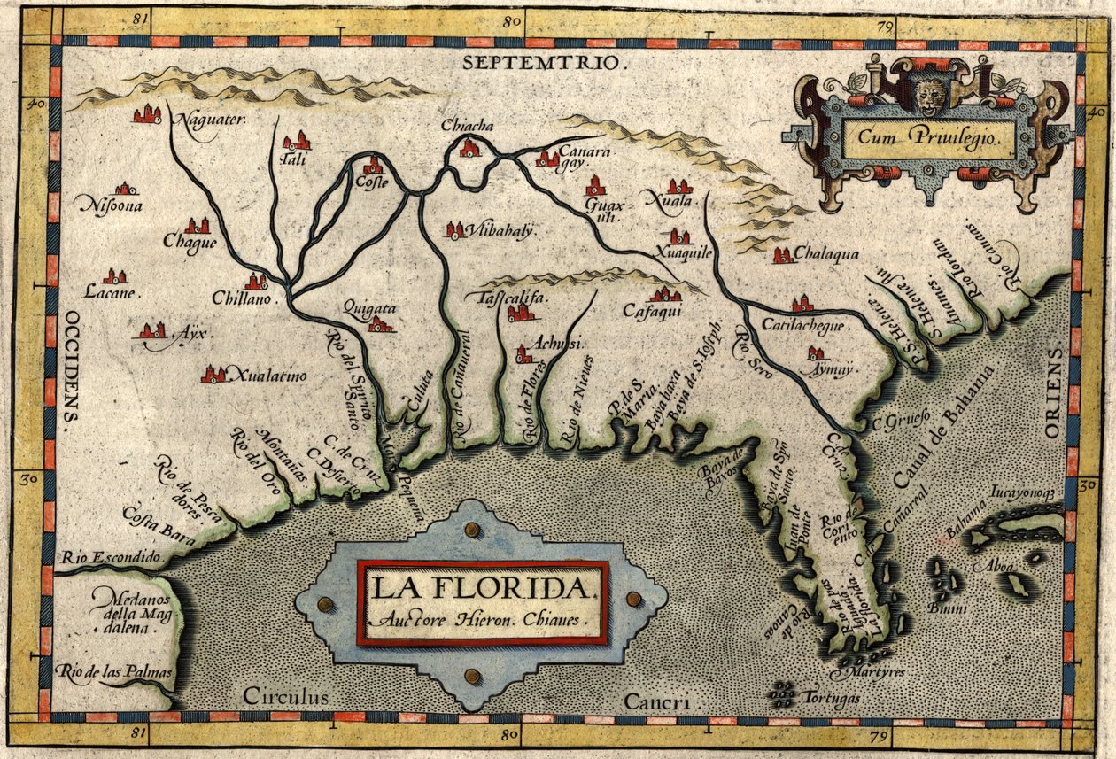 Karta över Florida, ca 1584 (handfärgad gravyr) av Abraham Ortelius