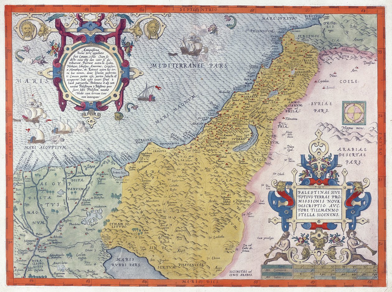 Kort over Palæstina, fra Theatrvm Orbis Terrarvm, 1570 (håndfarvet gravering) sverige av Abraham Ortelius