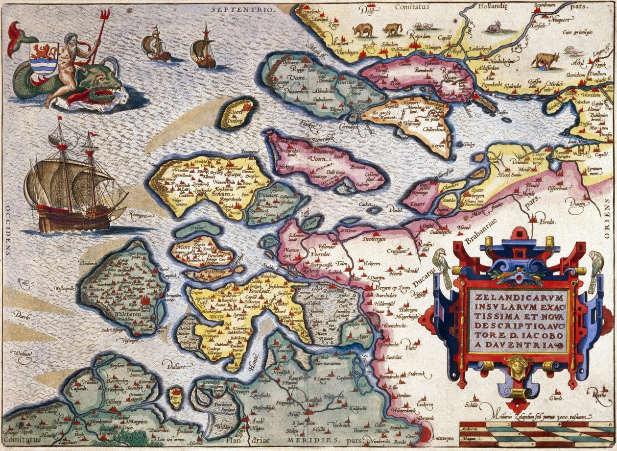 Karta över Zeeland, ca 1560 (handkolorerad gravyr) av Abraham Ortelius