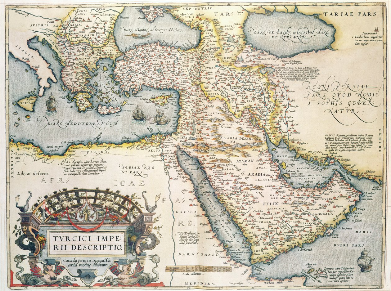 Karta över Mellanöstern, från Theatrum Orbis Terrarum, 1570 (handfärgad gravyr) av Abraham Ortelius