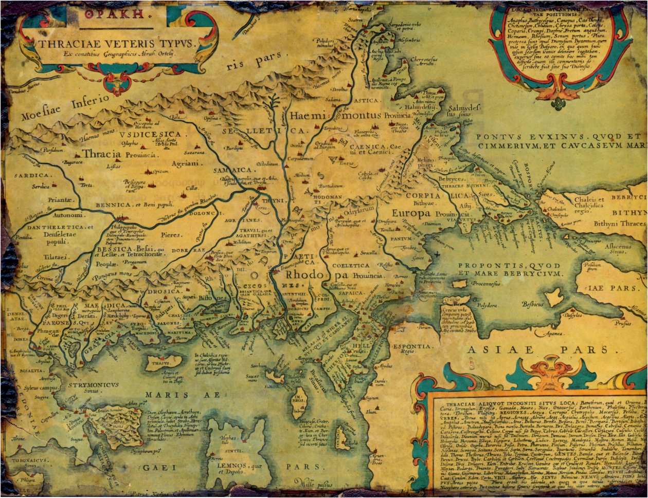 Old, historical map of ancient Thrace, mostly in Latin and very few Greek, made in 1585. The map also shows part of Asia minor, Moesia inferior, & ancient Greece along with some Aegan islands. There is some anachronism on the map, such as Moesia inferior a av Abraham Ortelius