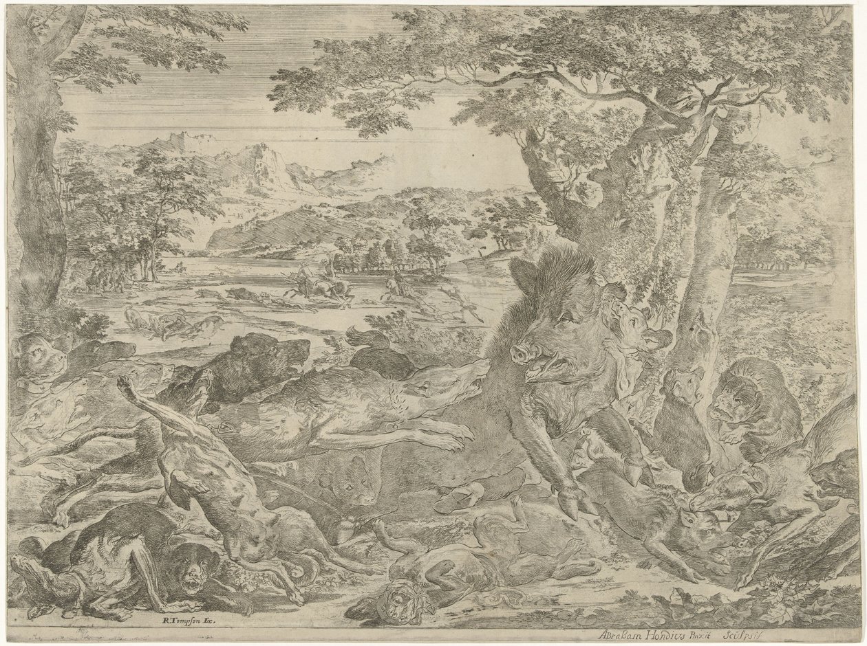 Vildsvin attackerade av hundar av Abraham Danielsz. Hondius