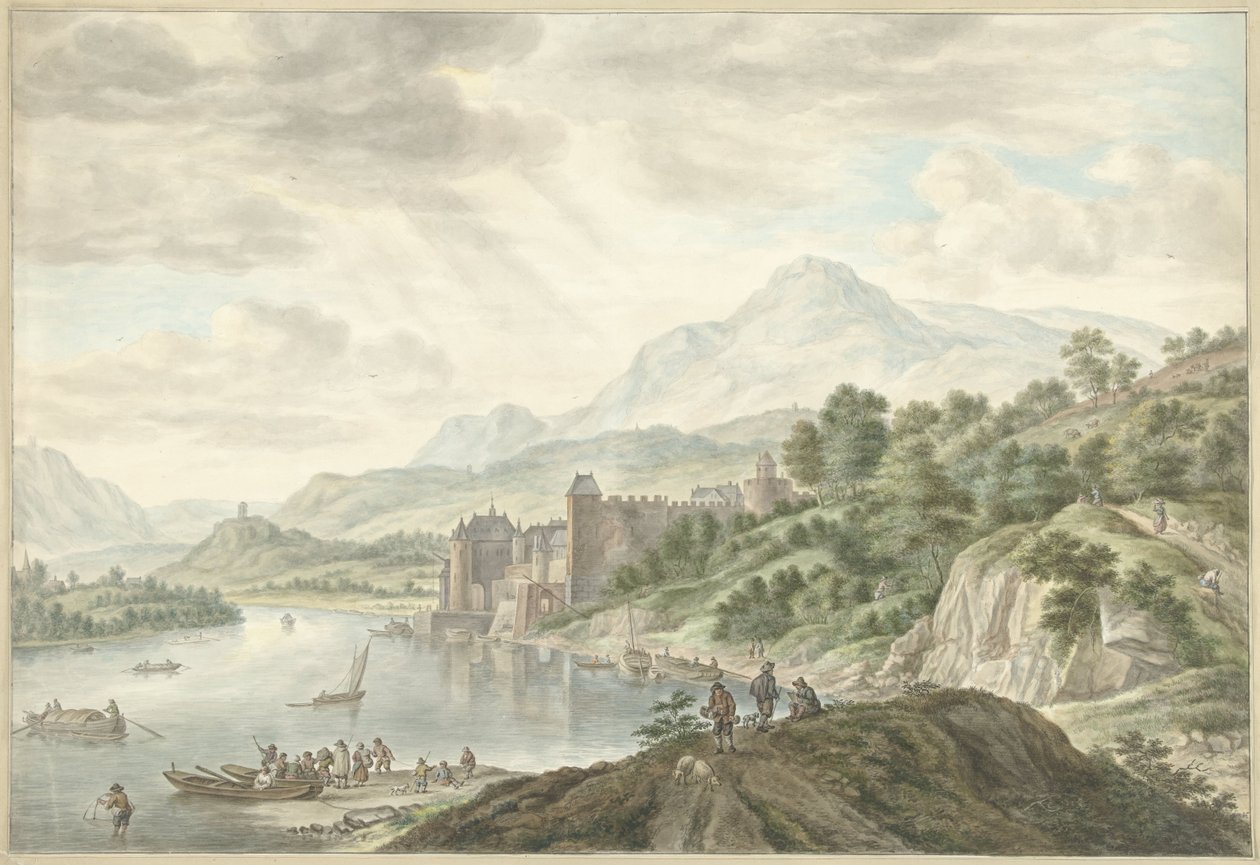 Kuperat landskap med ett slott vid en flod av Abraham Delfos