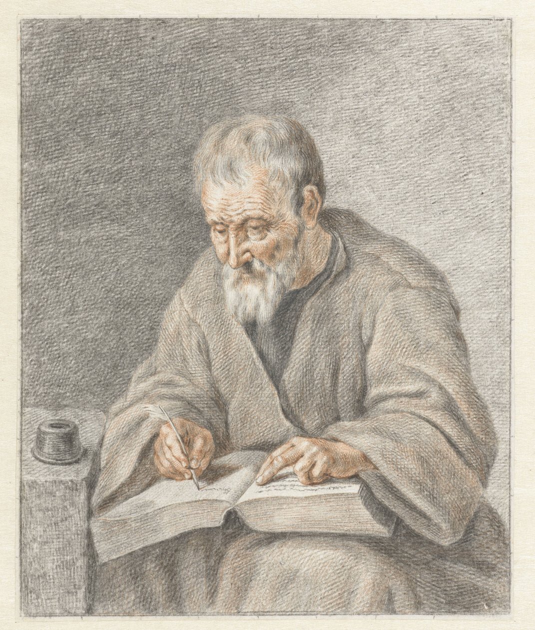 Gammal man som skriver i bok av Abraham Delfos