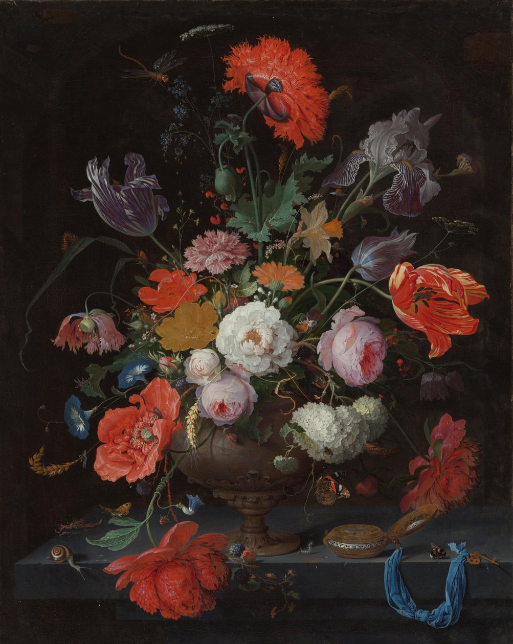 Stilleben med blommor och en klocka av Abraham Mignon