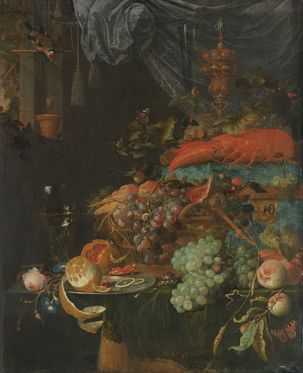 Stilleben med frukt och en guldfink av Abraham Mignon