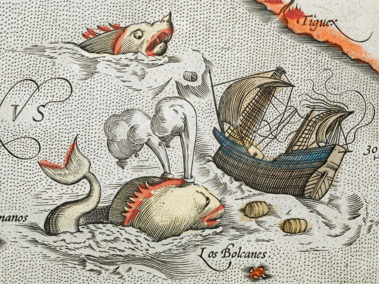 (Detalj). Sjömonster som attackerar ett skepp. av Abraham Ortelius