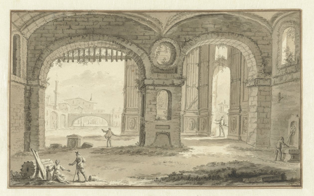 Fantiserad italiensk stadsbild med klassiska byggnader av Abraham Rademaker
