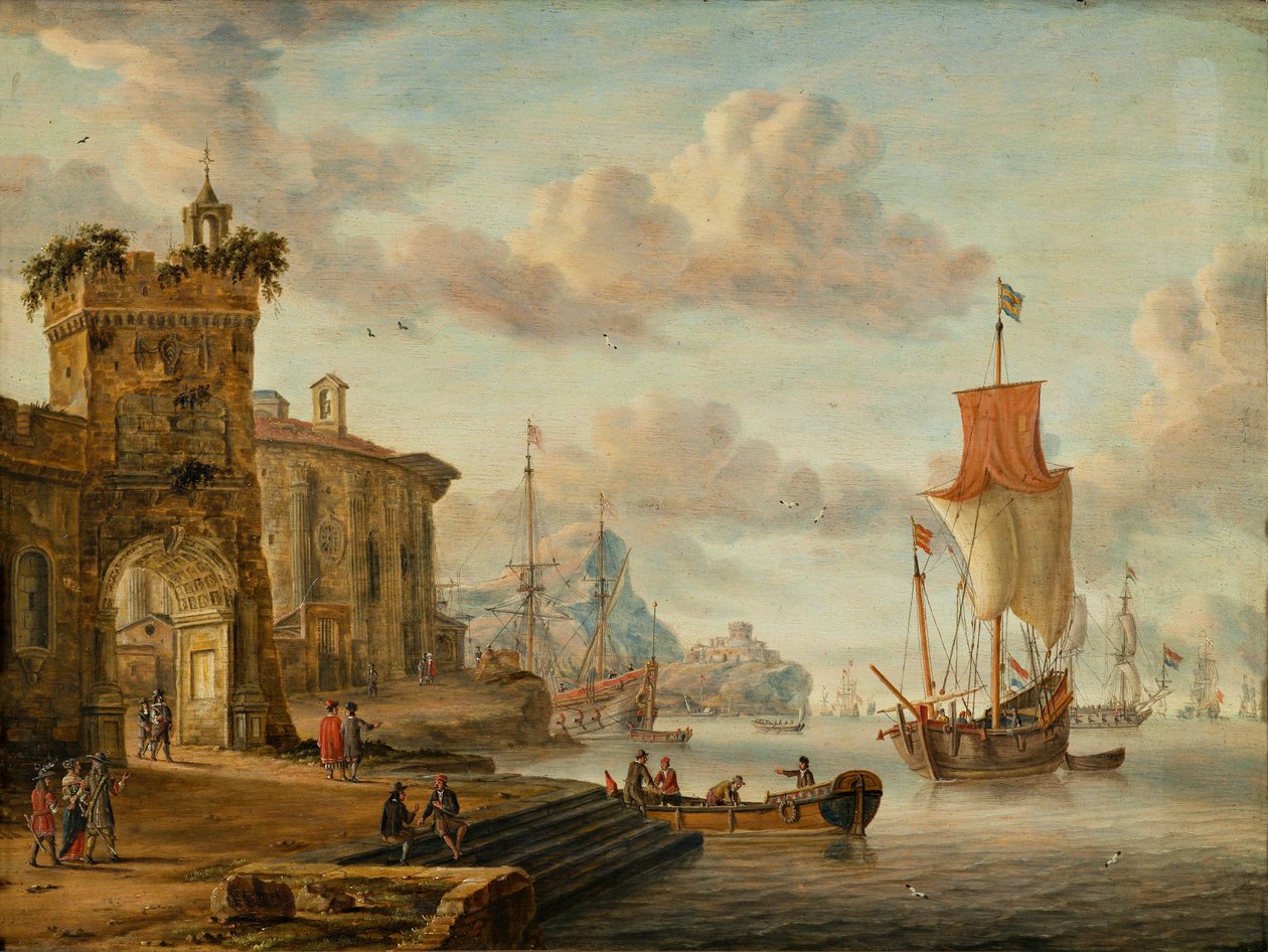 Hamnscen med gamla ruiner av Abraham Storck