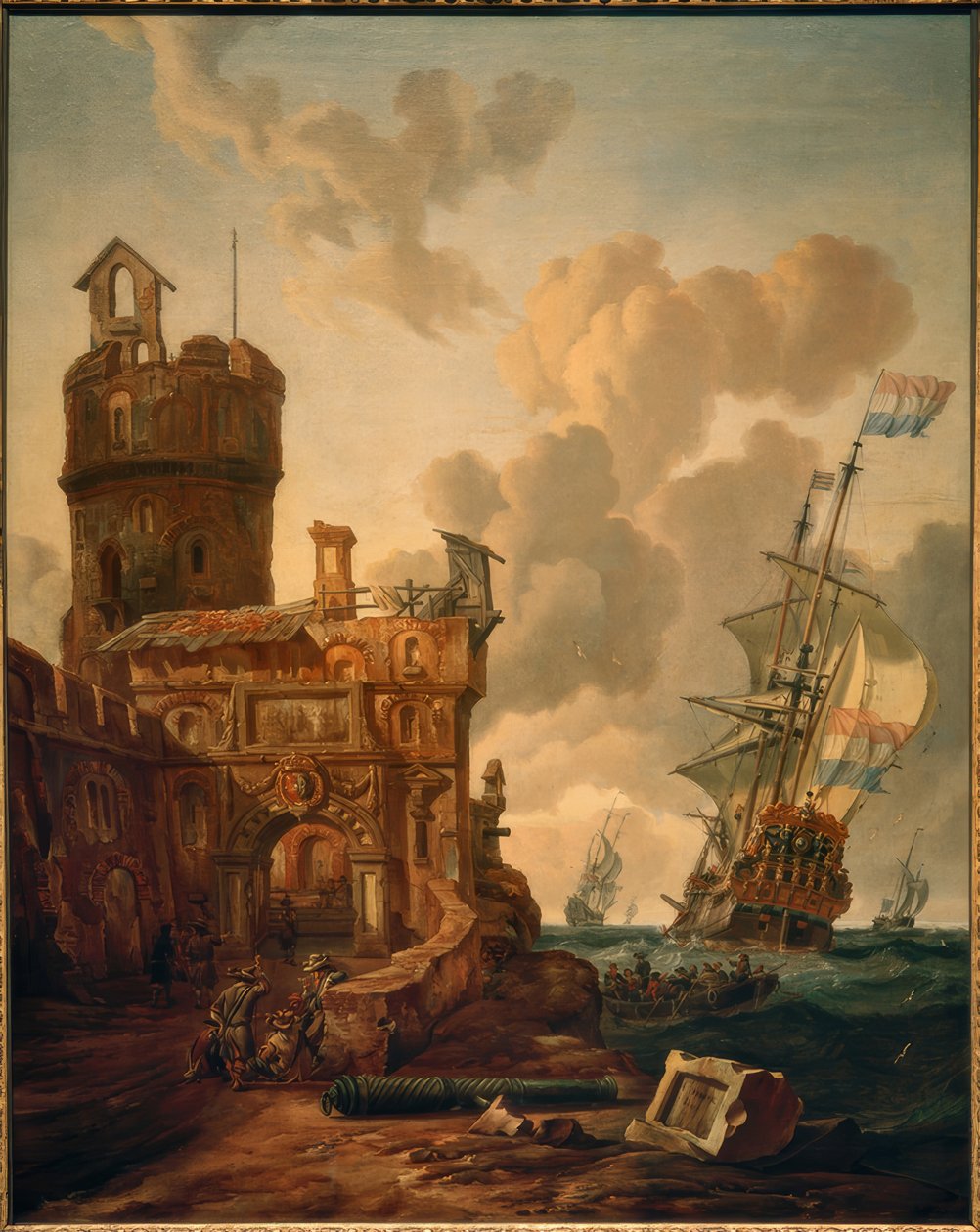 Holländskt skepp framför en fästning av Abraham Storck