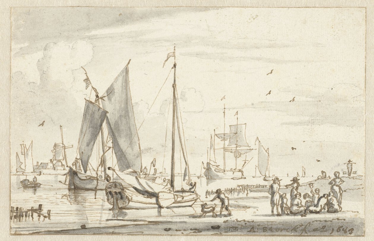 Flodstrand med några fartyg av Abraham Storck