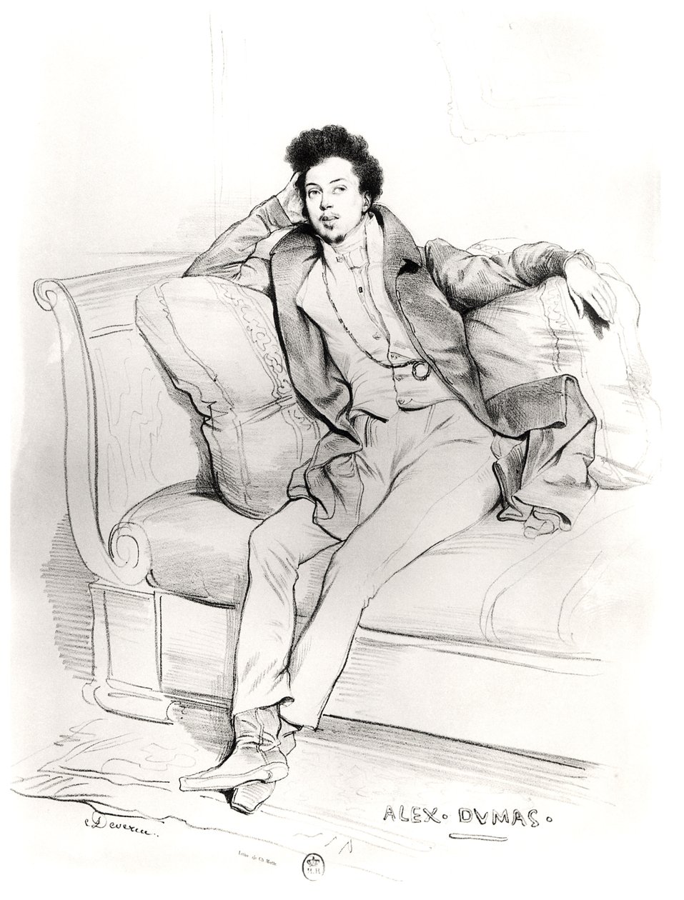 Alexandre Dumas Pere (1803-70) graverad av Charles Etienne Pierre Motte (1785-1836) av Achille Devéria