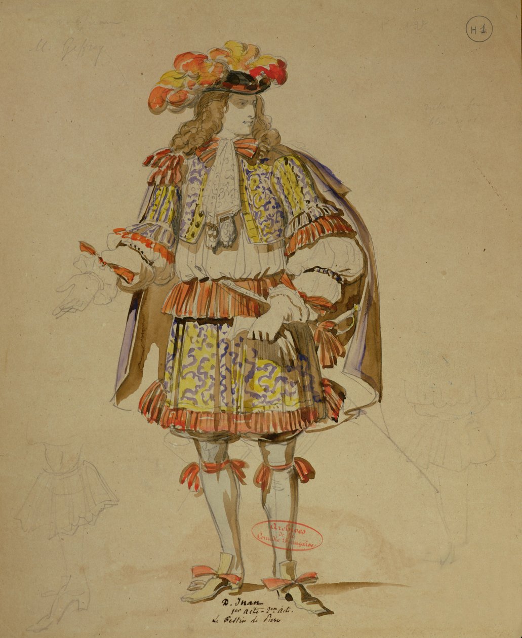 Kostymdesign för en uppsättning av "Don Juan" av Moliere (1622-73) på Comedie Francaise 1847 (penna, bläck och wc på papper). av Achille Devéria