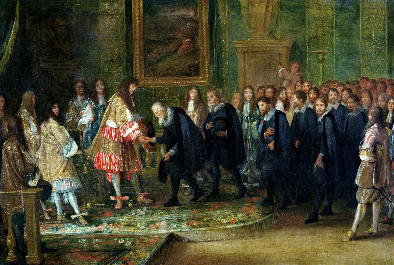 Mottagandet av ambassadörerna för de tretton schweiziska kantonerna av Ludvig XIV (1638-1715) vid Louvren, 11 november 1663, 1664 av Adam Frans van der Meulen
