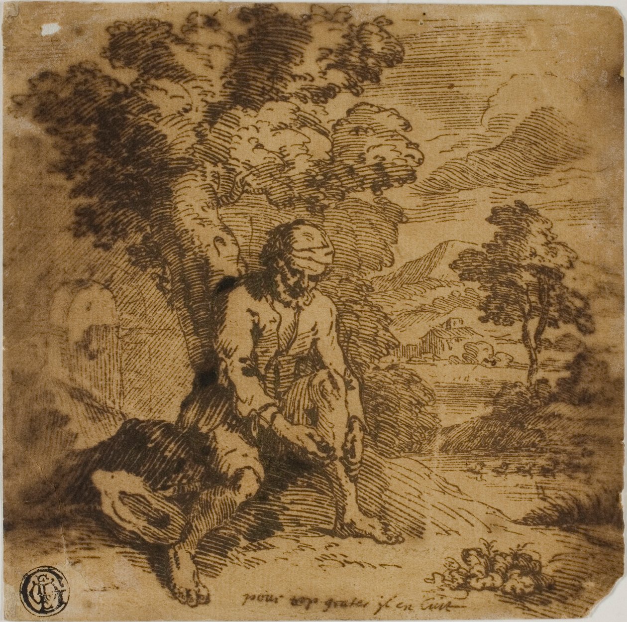 Sittande man kliar sig på benet av Adam Elsheimer